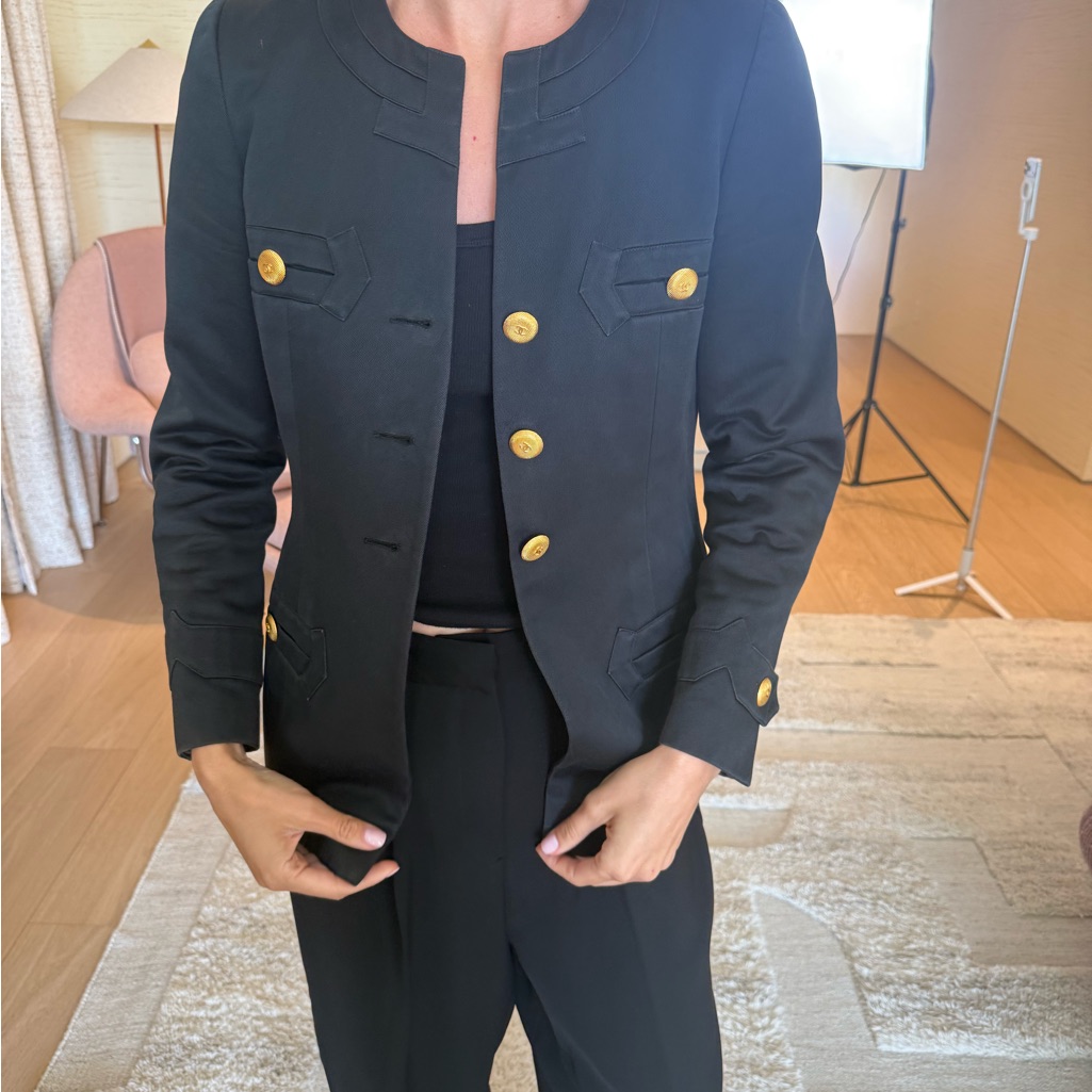 Chanel Dark Navy Womenâs Military Jacket With Gold Buttons.